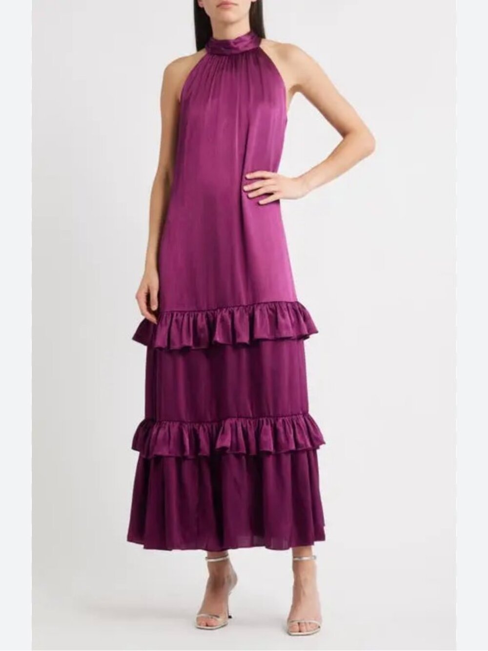 Halogen Purple Halter Maxi Dress with Tiered Ruffles